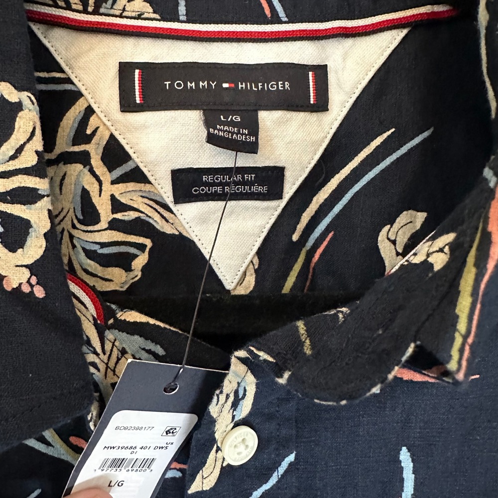NWT Men's Tommy Hilfiger Size L Cotton Linen Short Sleeve Button Down Navy Print - Picture 4 of 6